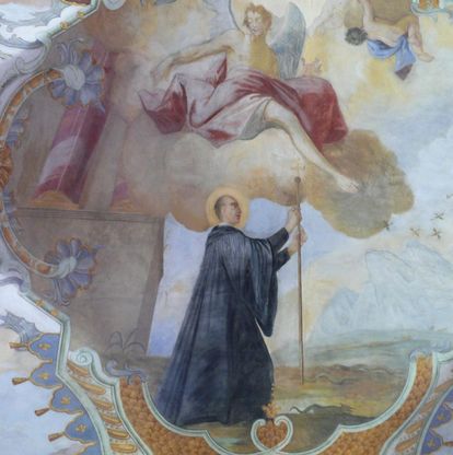Magnus mit dem wundertätigen Stab, Detail des Deckenfreskos im Seitenschiff der Klosterkirche St. Magnus
