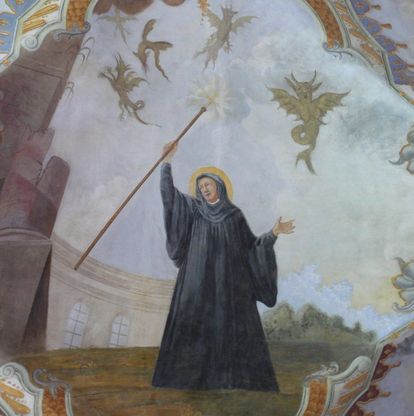 Magnus vertreibt das Ungeziefer, Detail des Deckenfreskos im Seitenschiff der Klosterkirche St. Magnus