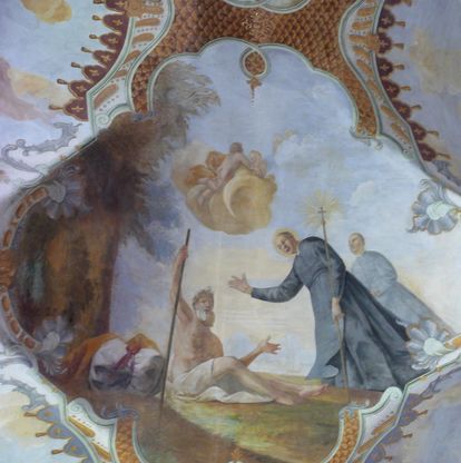 Magnus hilft einem Bettler, Detail des Deckenfreskos im Seitenschiff der Klosterkirche St. Magnus