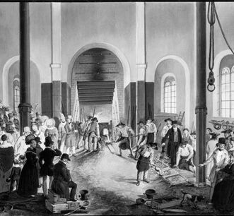 Gießer und Zuschauer in der Gießerei der Wilhelmshütte, 1837/40, Ölgemälde