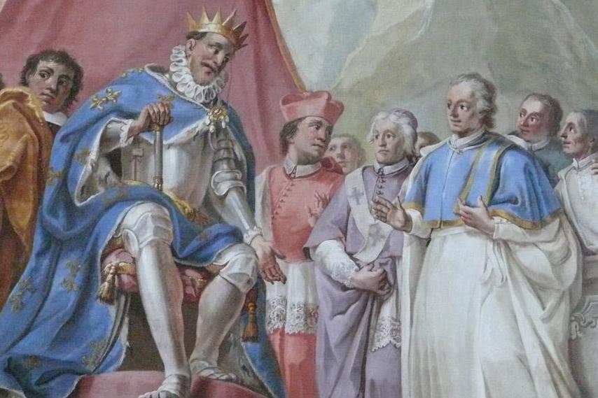 Darstellung von Abt Nikolaus und König Ludwig XIV. von Frankreich im Deckengemälde des Bibliothekssaals im Kloster Schussenried