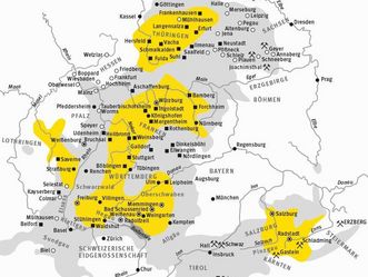 Kloster Schussenried, Event, Ausstellung UFFRUR!, Darstellung Landesmuseum auf Basis der Karte „Zentren des Bauernkriegs“ von Peter Blickle, 1981, Revolution von 1525