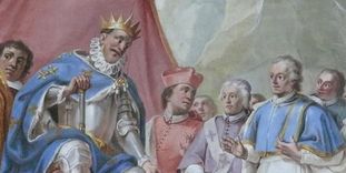 Darstellung von Abt Nikolaus und König Ludwig XIV. von Frankreich im Deckengemälde des Bibliothekssaals im Kloster Schussenried