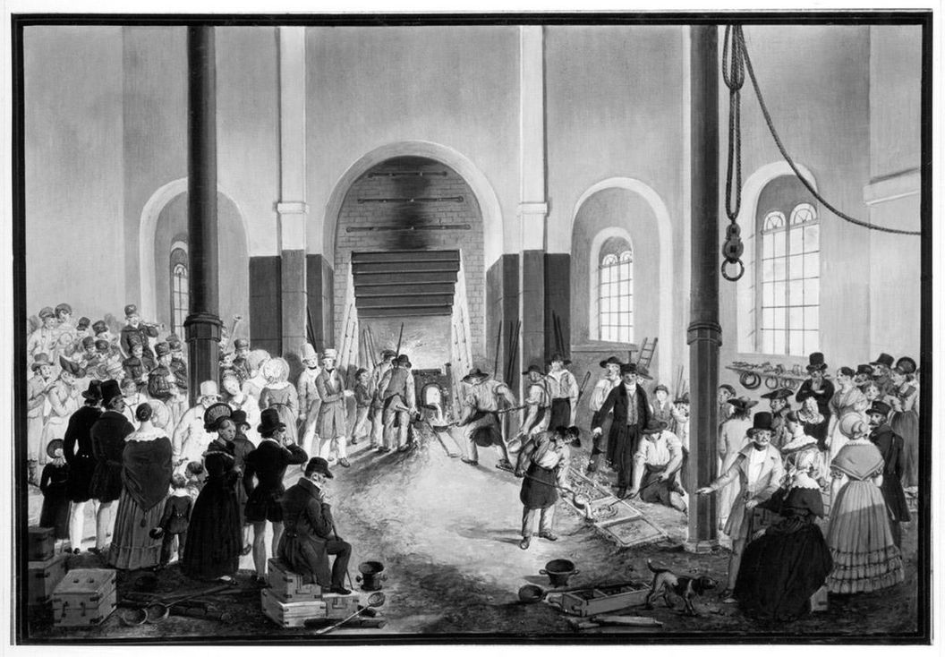 Gießer und Zuschauer in der Gießerei der Wilhelmshütte 1837/40, Ölgemälde